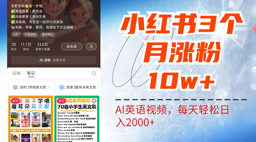 小红书三个月涨粉10W！AI英语视频0成本制作，每天轻松日入2000+小鳄启创-网创项目资源站-副业项目-创业项目-搞钱项目小鳄启创