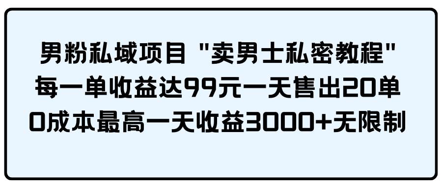 男粉私域项目 卖男士私密教程 每一单收益达99元一天售出20单小鳄启创-网创项目资源站-副业项目-创业项目-搞钱项目小鳄启创